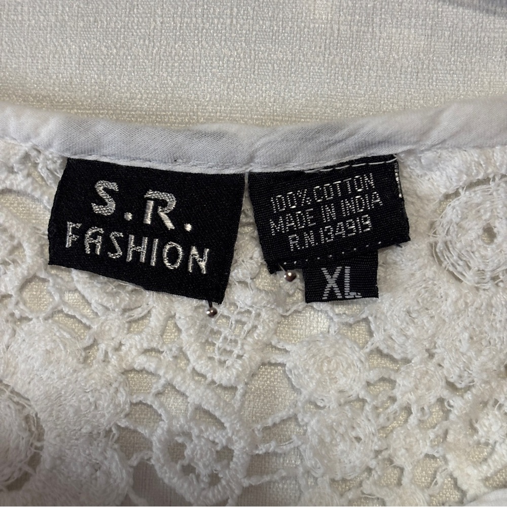 S.R. Fashion Crochet lace white top 3/4 sleeves 100% cotton crinkle fabric beach - Picture 12 of 12